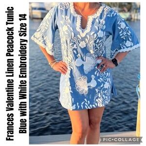 Frances Valentine Linen Peacock Tunic Blue with White Embroidery Size 14